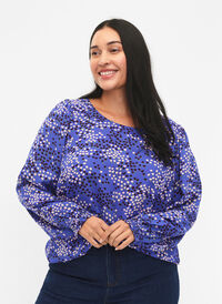 FLASH - Long sleeved blouse with smock and print, Dazzling Blue AOP, Model