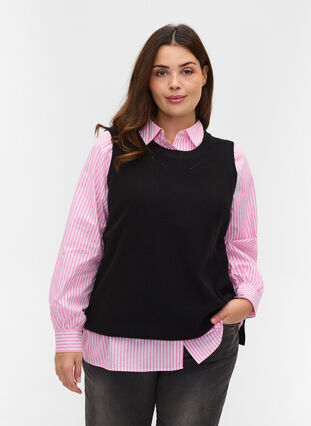 Knitted vest with rounded neckline and side slits, Black, Model image number 0