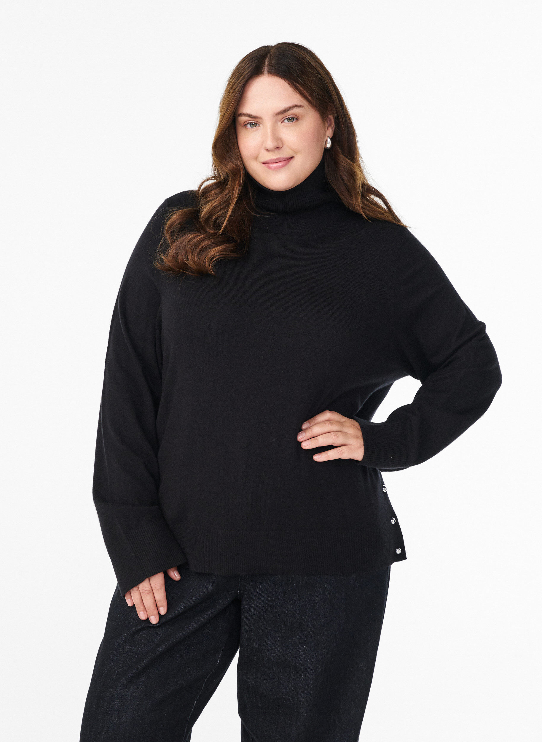 Knitted blouse with turtleneck and side buttons, Black, Model