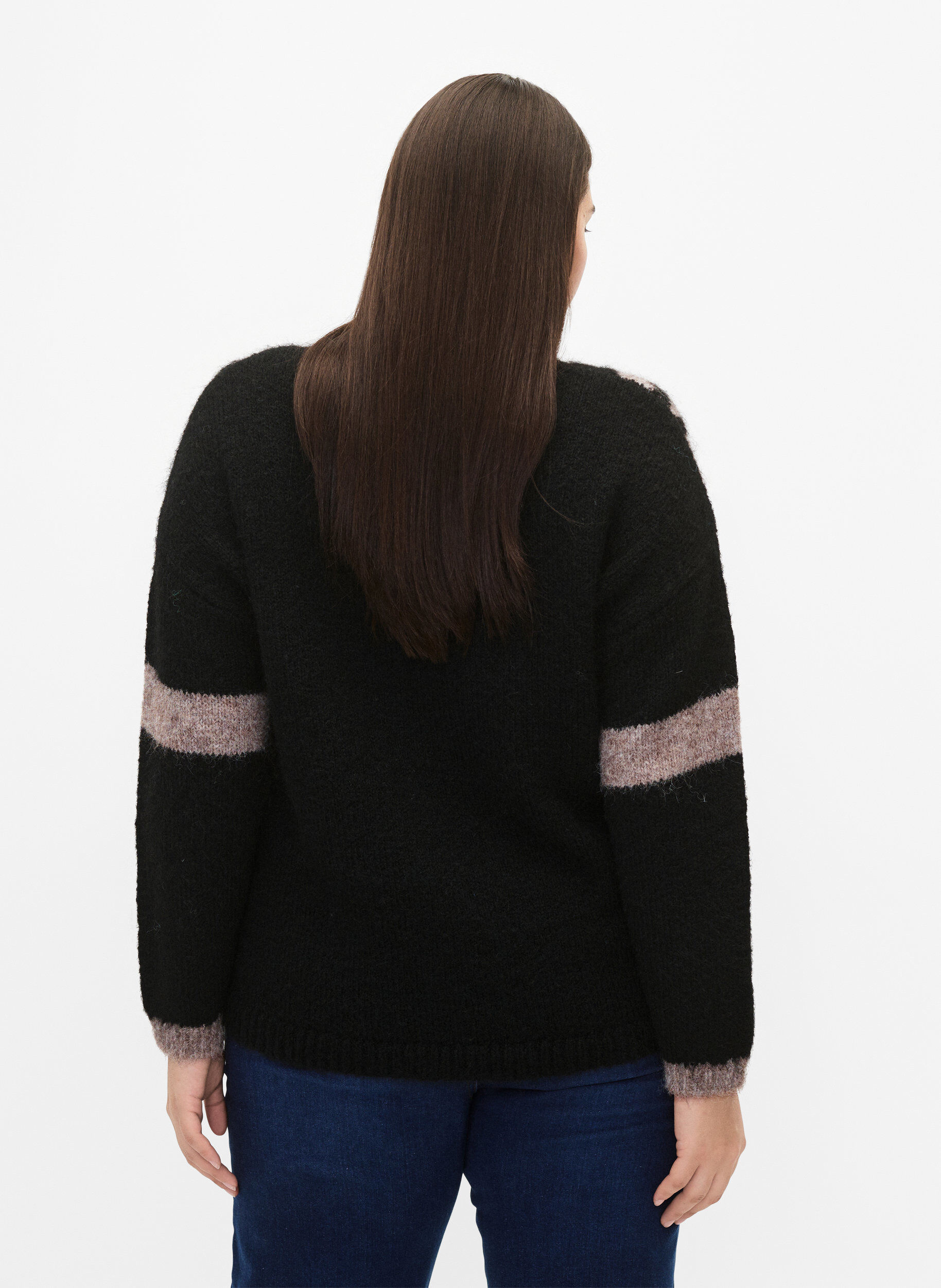 Zizzifashion Knitted sweater with striped detail, Black Comb, Model image number 1