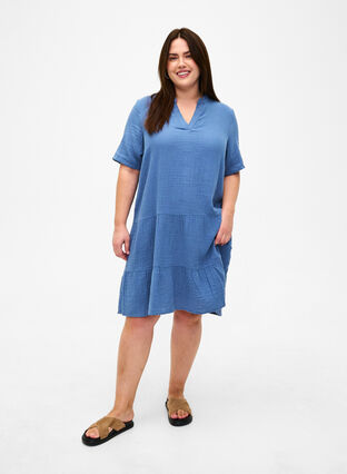 Short sleeve dress in 100% cotton, Moonlight Blue, Model image number 2