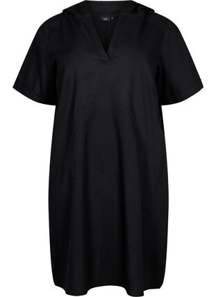 Cotton blend hooded dress with linen, Black, Packshot image number 0