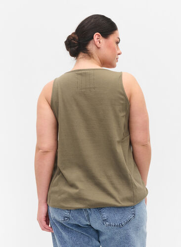 Block coloured cotton top with elastic along the bottom, Dusty Olive, Model image number 1