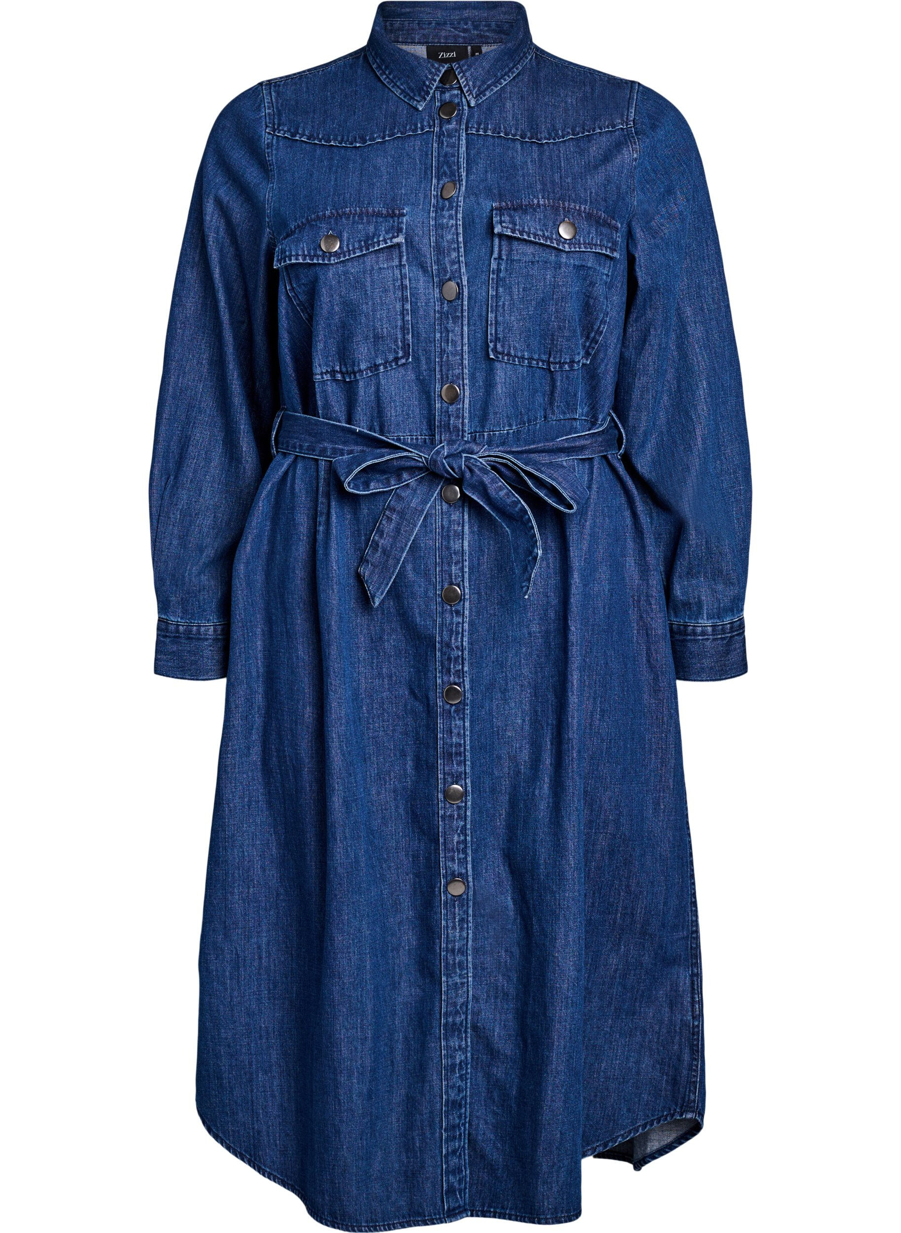 Zizzifashion Midi denim dress with tie belt, Blue, Packshot image number 0