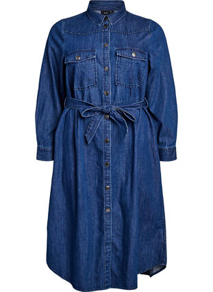 Midi denim dress with tie belt - Blue - Sz. L - Zizzifashion Midi denim dress with tie belt - Blue - Sz. L - Zizzifashion