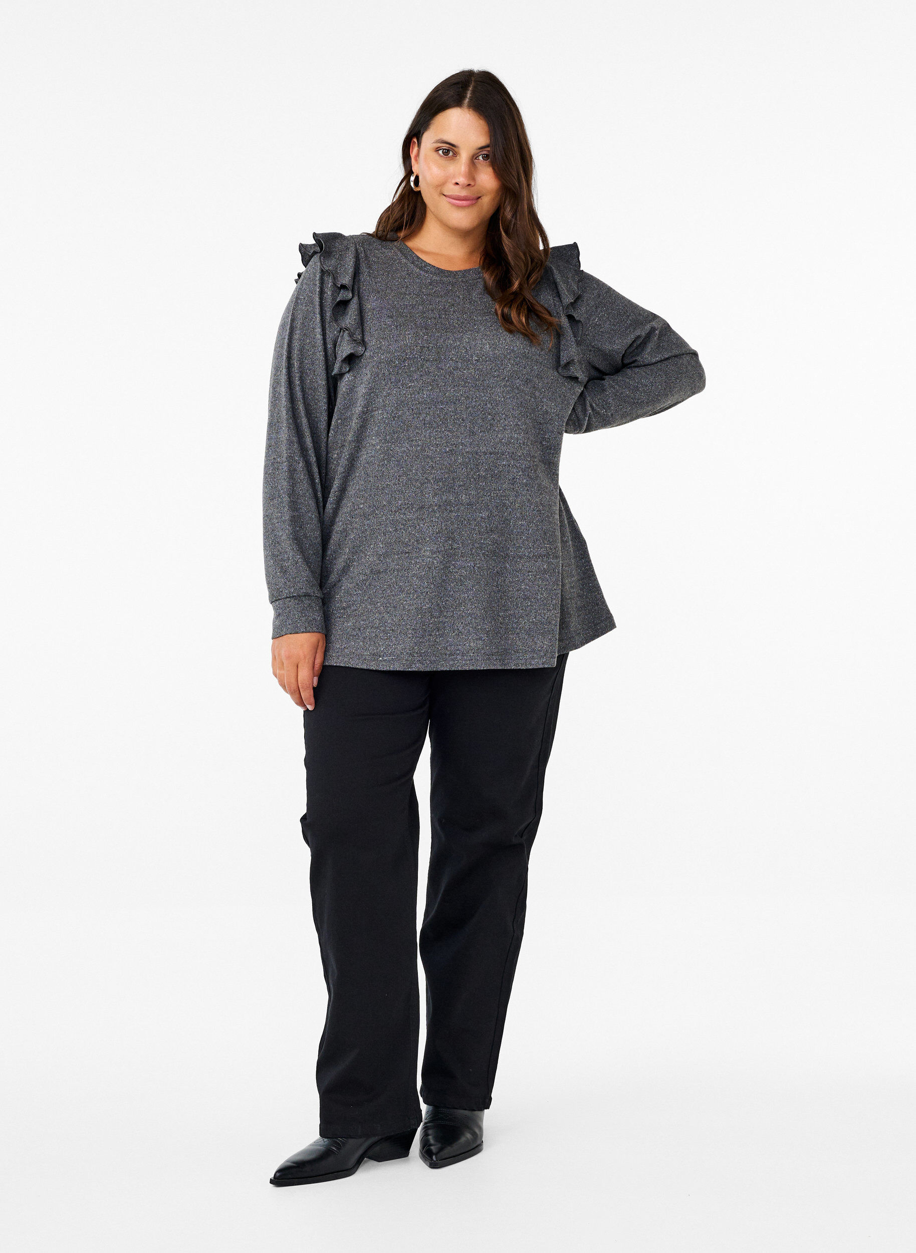 Zizzifashion Long-sleeved blouse with ruffle details, Dark Grey Melange, Model image number 2