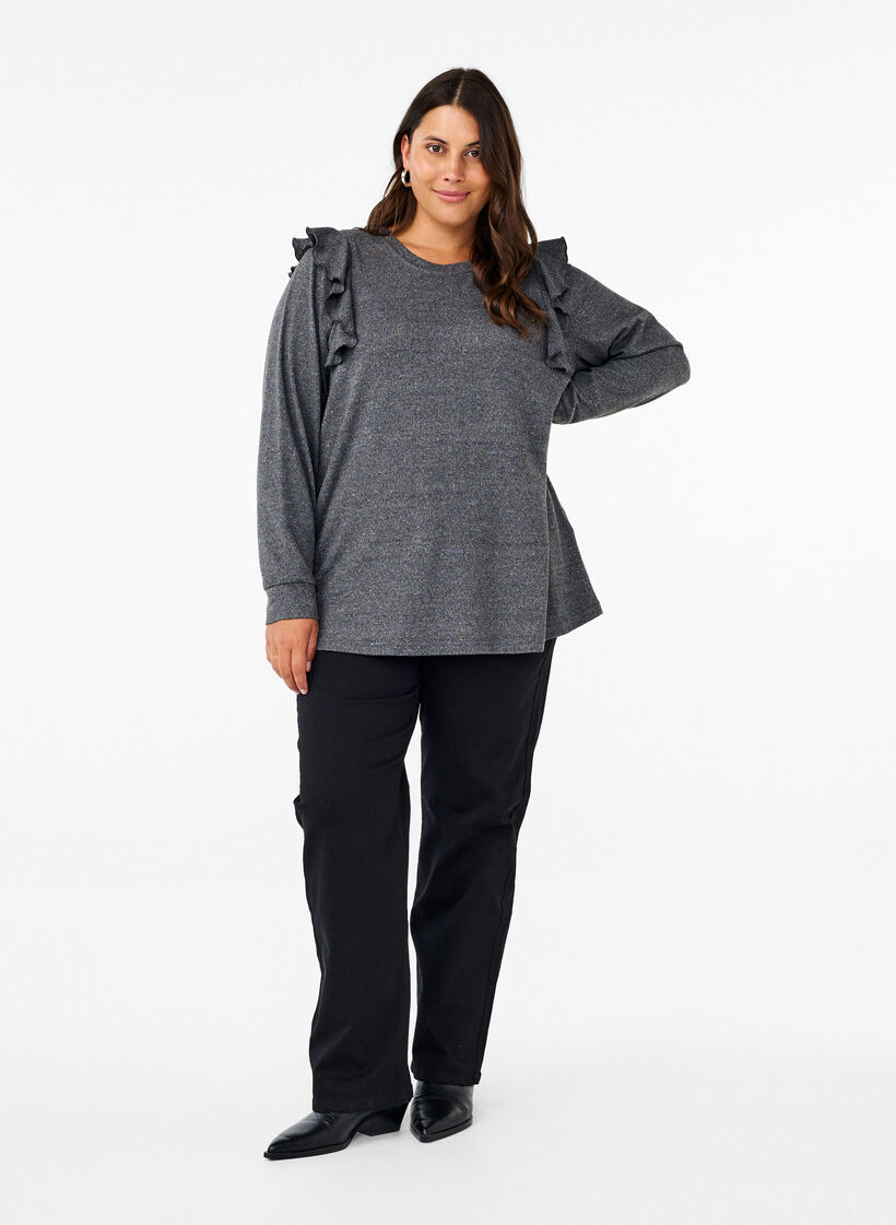 Long-sleeved blouse with ruffle details, Dark Grey Melange, Model image number 2