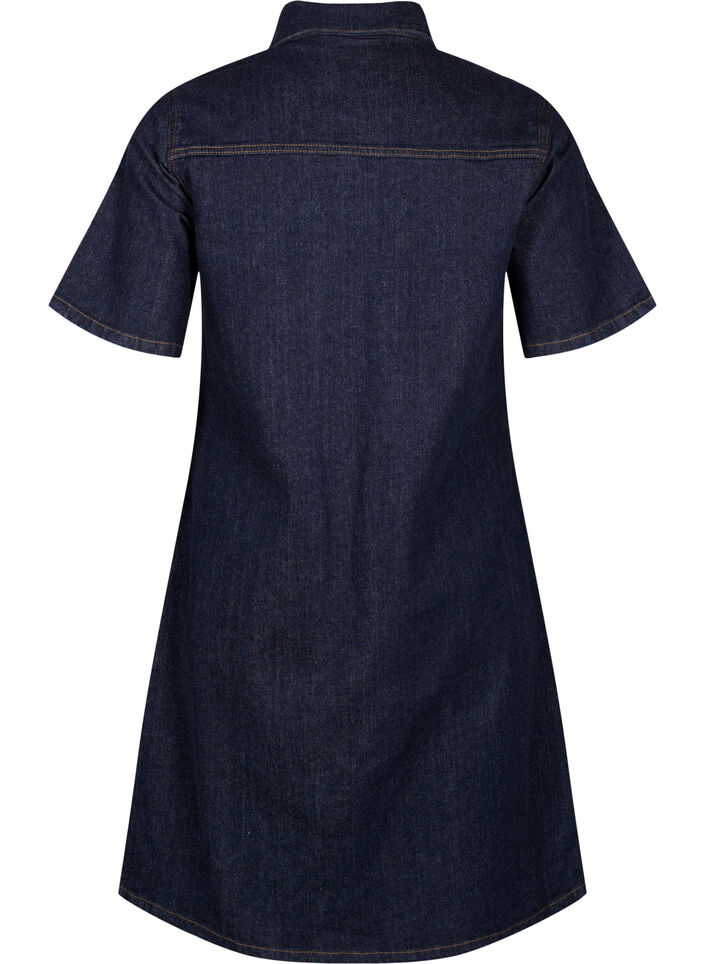 Denim dress with short sleeves and chest pockets, Dark Blue Denim, Packshot image number 1