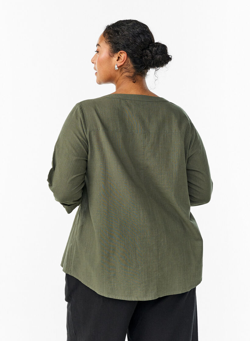 Cotton shirt blouse with V-neck, Green, Model image number 2
