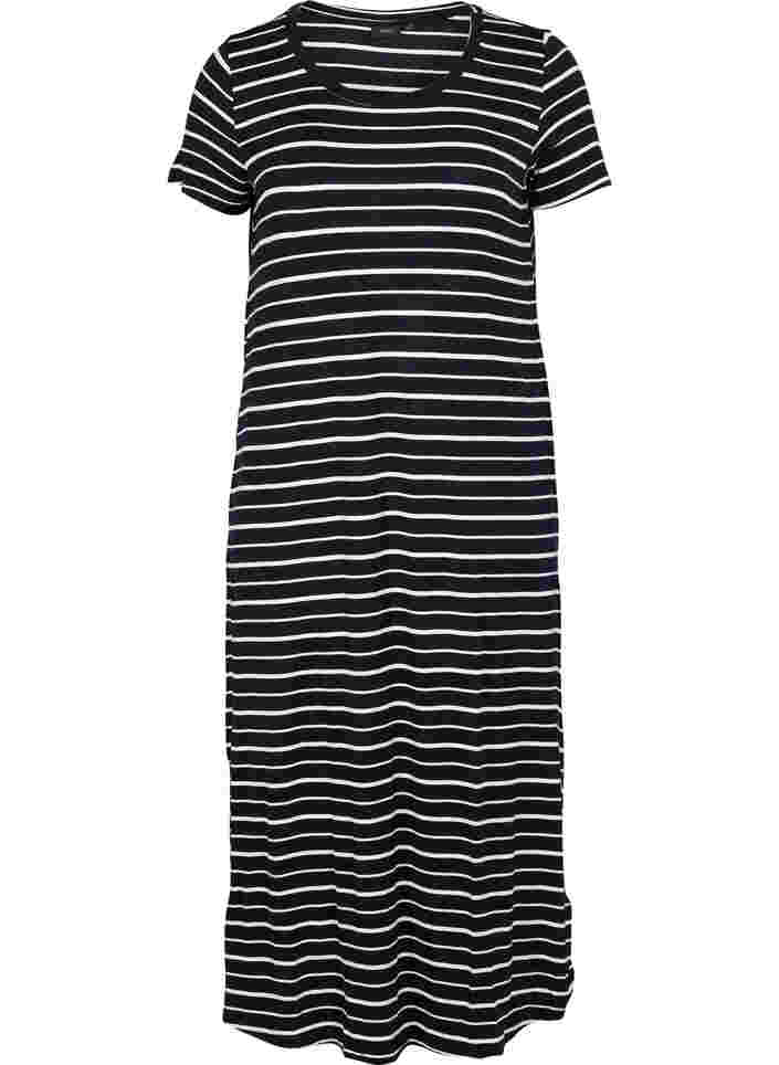 Striped short-sleeved midi dress, Black w. Stripe, Packshot image number 0