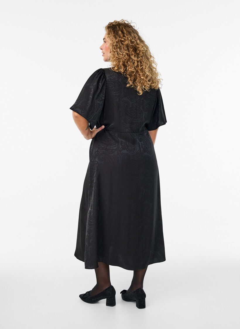 Midi jacquard dress with paisley pattern and wing sleeves, Black, Model image number 1