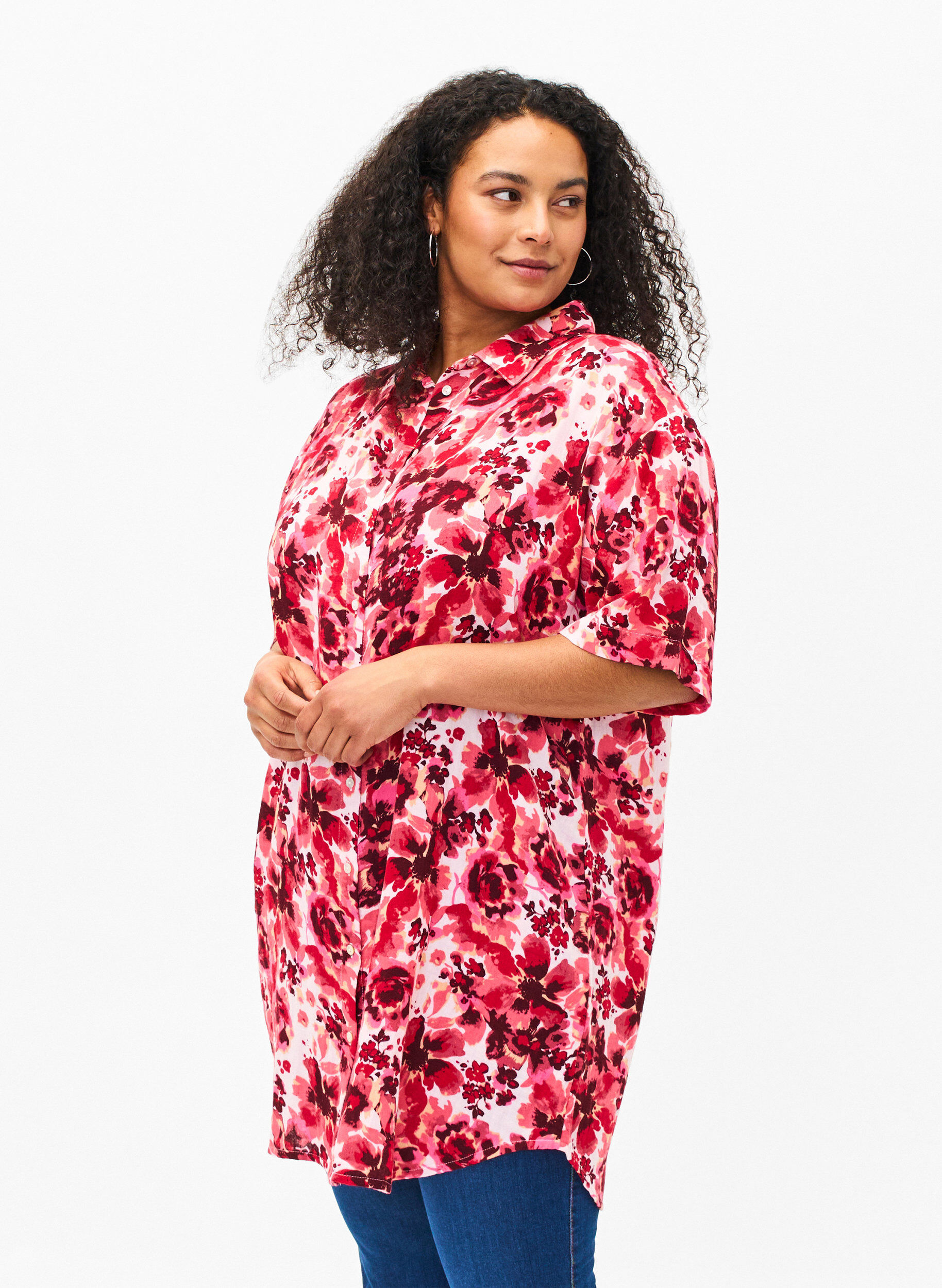 Zizzifashion Long shirt with all-over print, Pink AOP Flower, Model image number 0