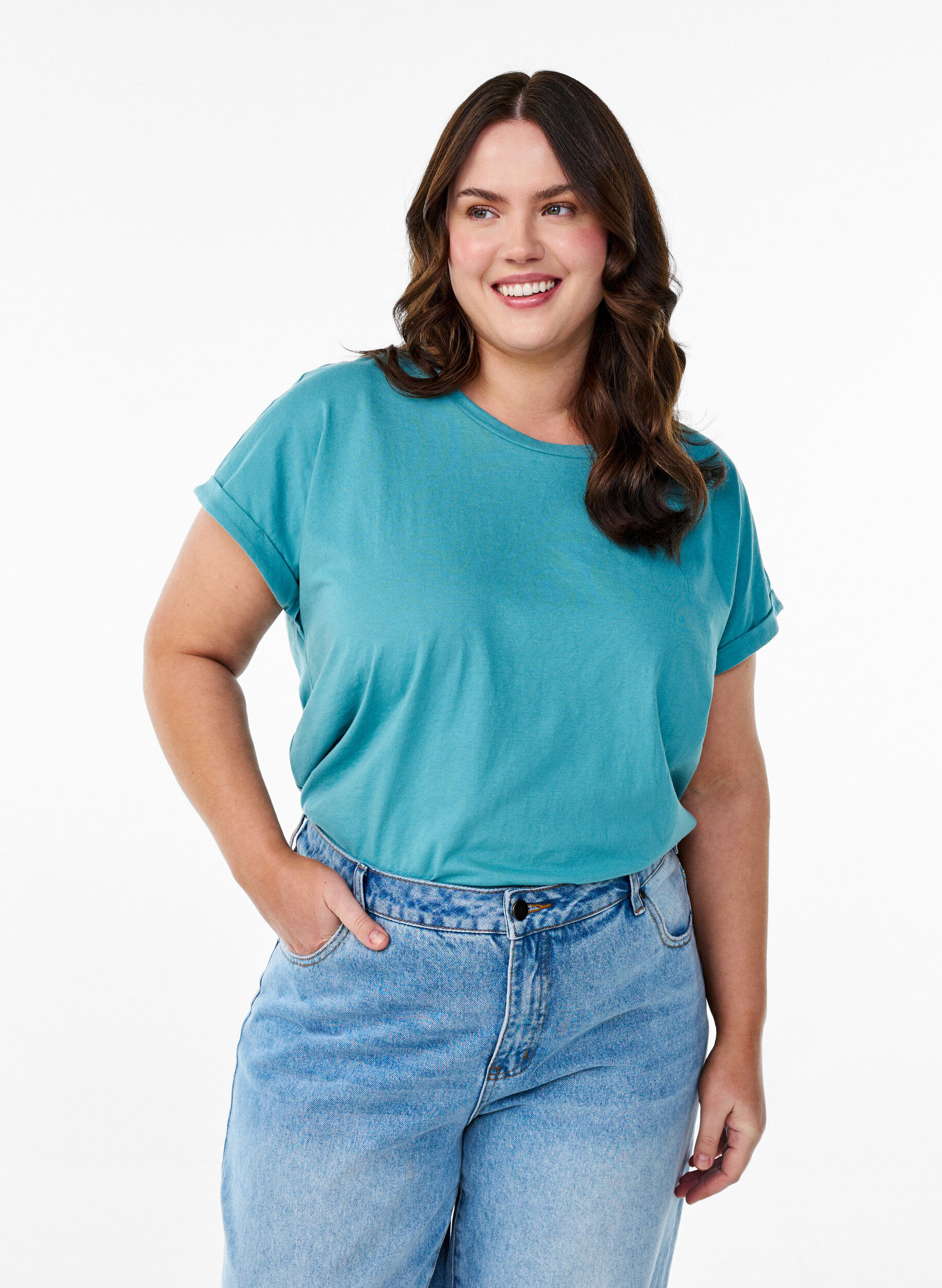 Short sleeve cotton blend T-shirt, Blue, Model