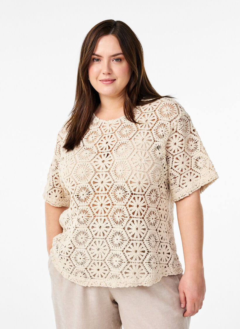 Crochet blouse with short sleeves, Beige, Model image number 0