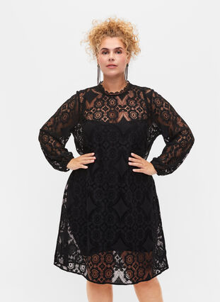 Long sleeved lace dress, Black, Model image number 0