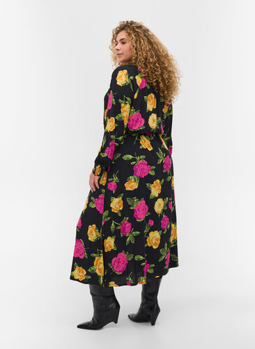 Floral viscose maxi dress with button fastening, Black Flower AOP, Model image number 1