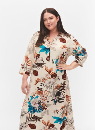 Floral print viscose shirt dress, Brown Flower AOP, Model image number 2