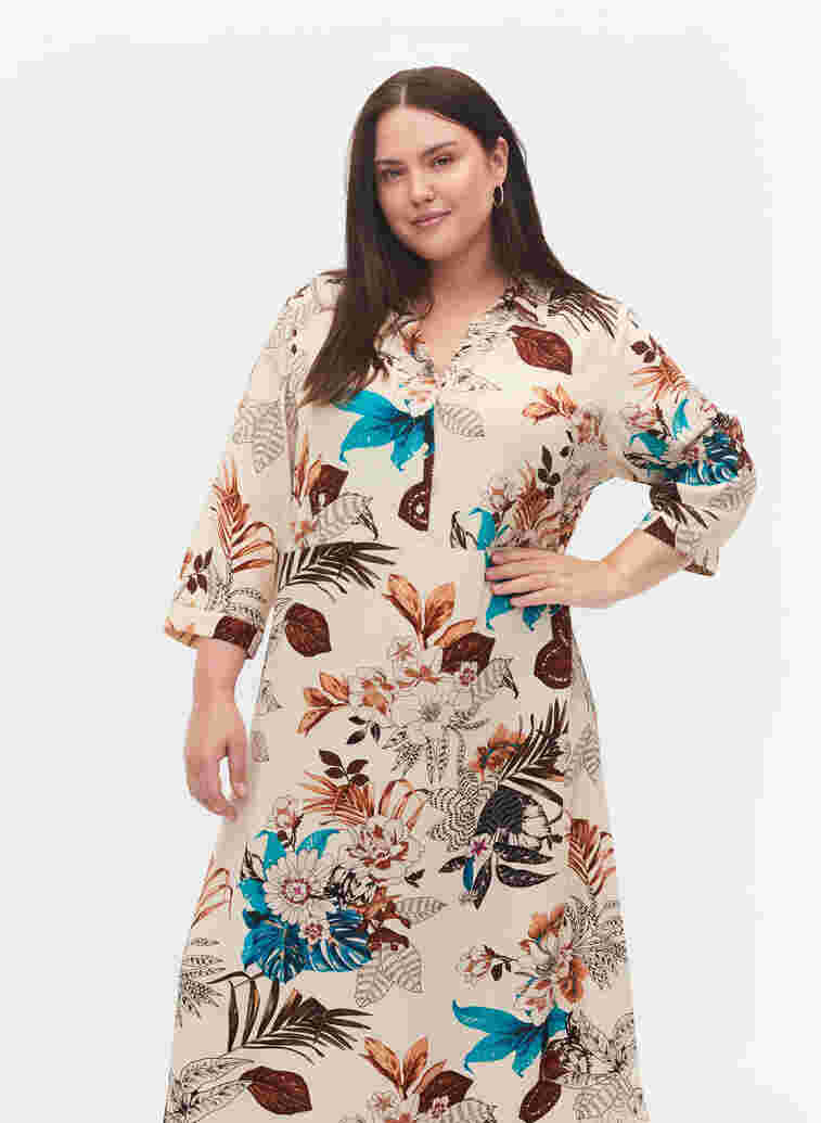 Floral print viscose shirt dress, Brown Flower AOP, Model image number 2
