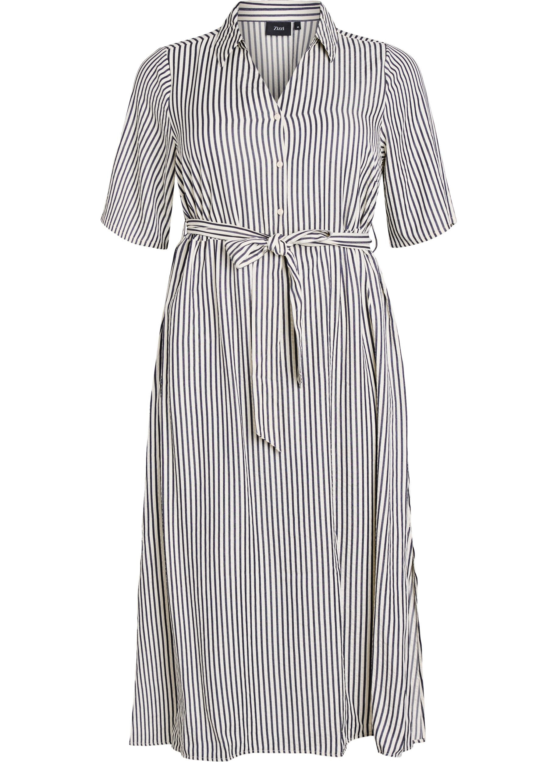 ZizzifashionAnkle-length shirt dress with tie belt and stripes, Black, Packshot image number 0