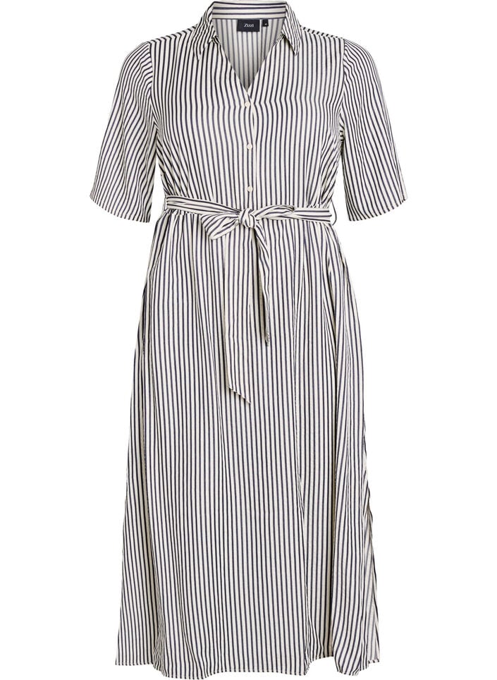 Ankle-length shirt dress with tie belt and stripes, Black, Packshot image number 0