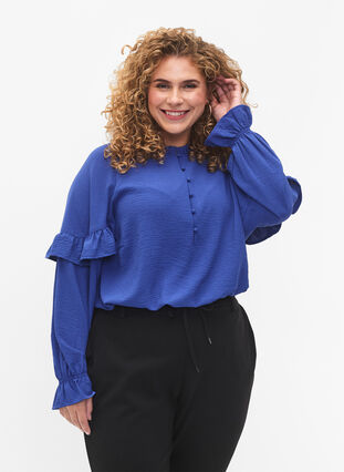 Blouse with ruffles and buttons, Deep Ultramarine, Model image number 0