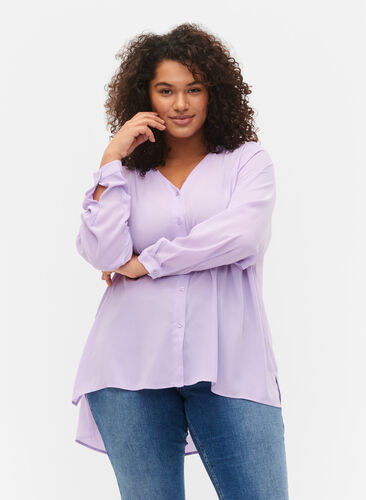 Long-sleeved shirt with v-neck, Purple Rose, Model image number 0