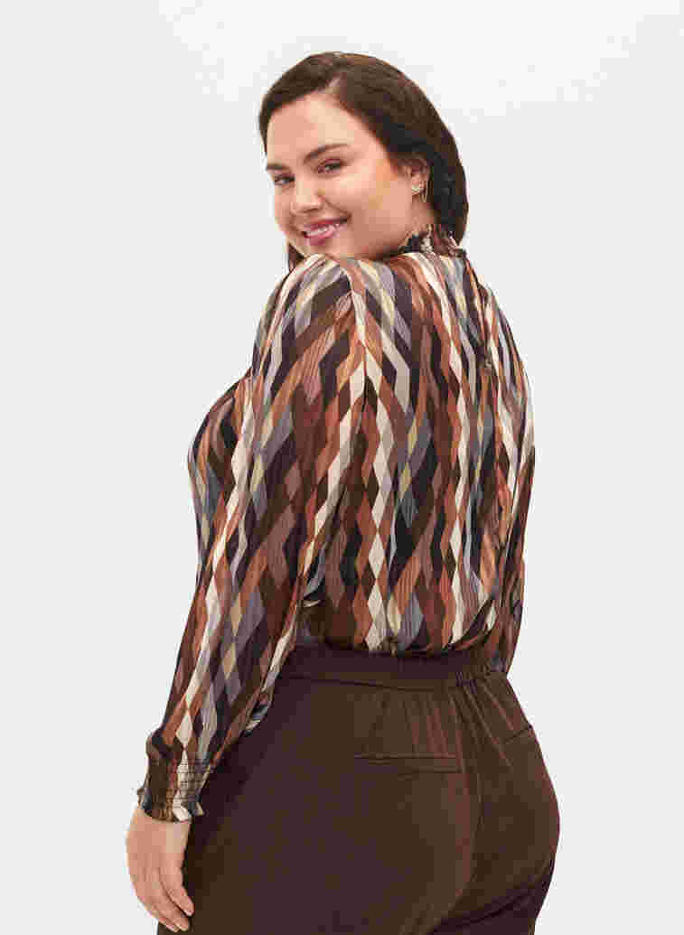 Printed blouse with smock, Earthy Zig Zag, Model image number 1
