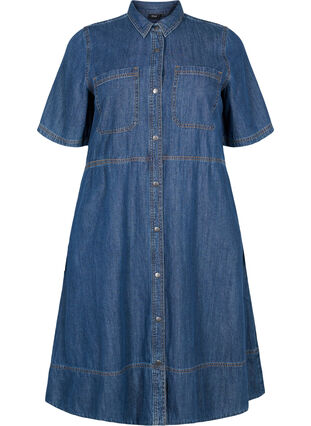 Denim shirt dress with short sleeves, Dark blue denim, Packshot image number 0