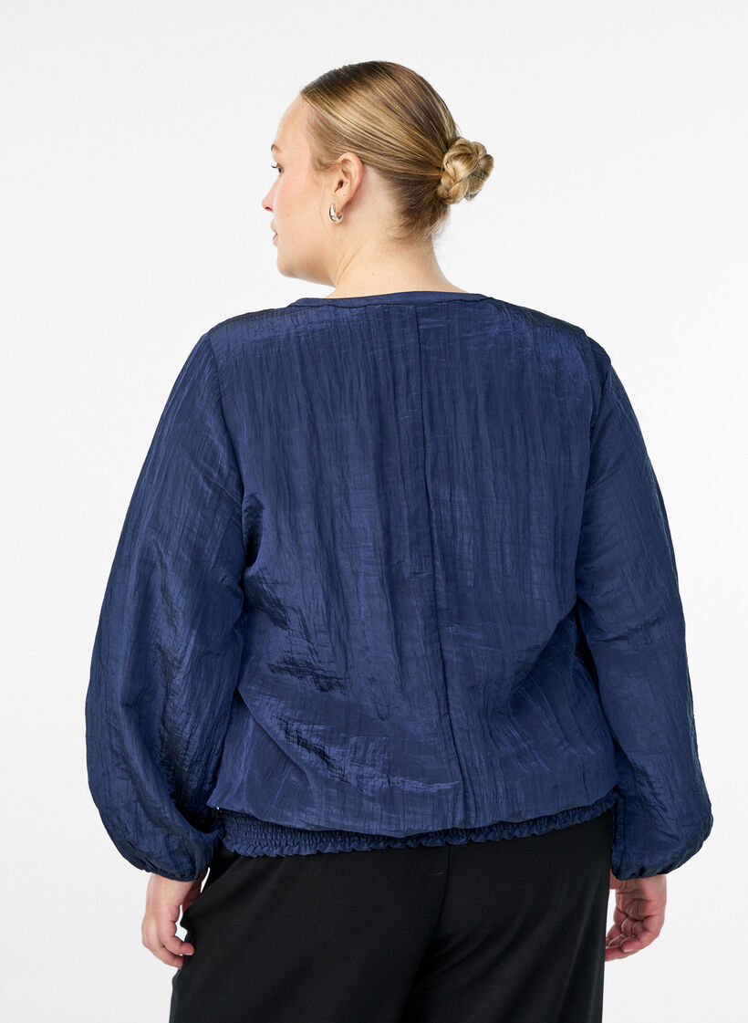 Blouse with V-neck and crinkled texture, Blue, Model image number 2