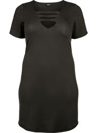 Tight-fitting dress with V-neck and strap detail, Black, Packshot
