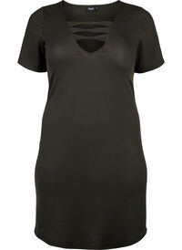 Tight-fitting dress with V-neck and strap detail