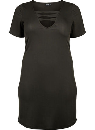 Tight-fitting dress with V-neck and strap detail, Black, Packshot image number 0