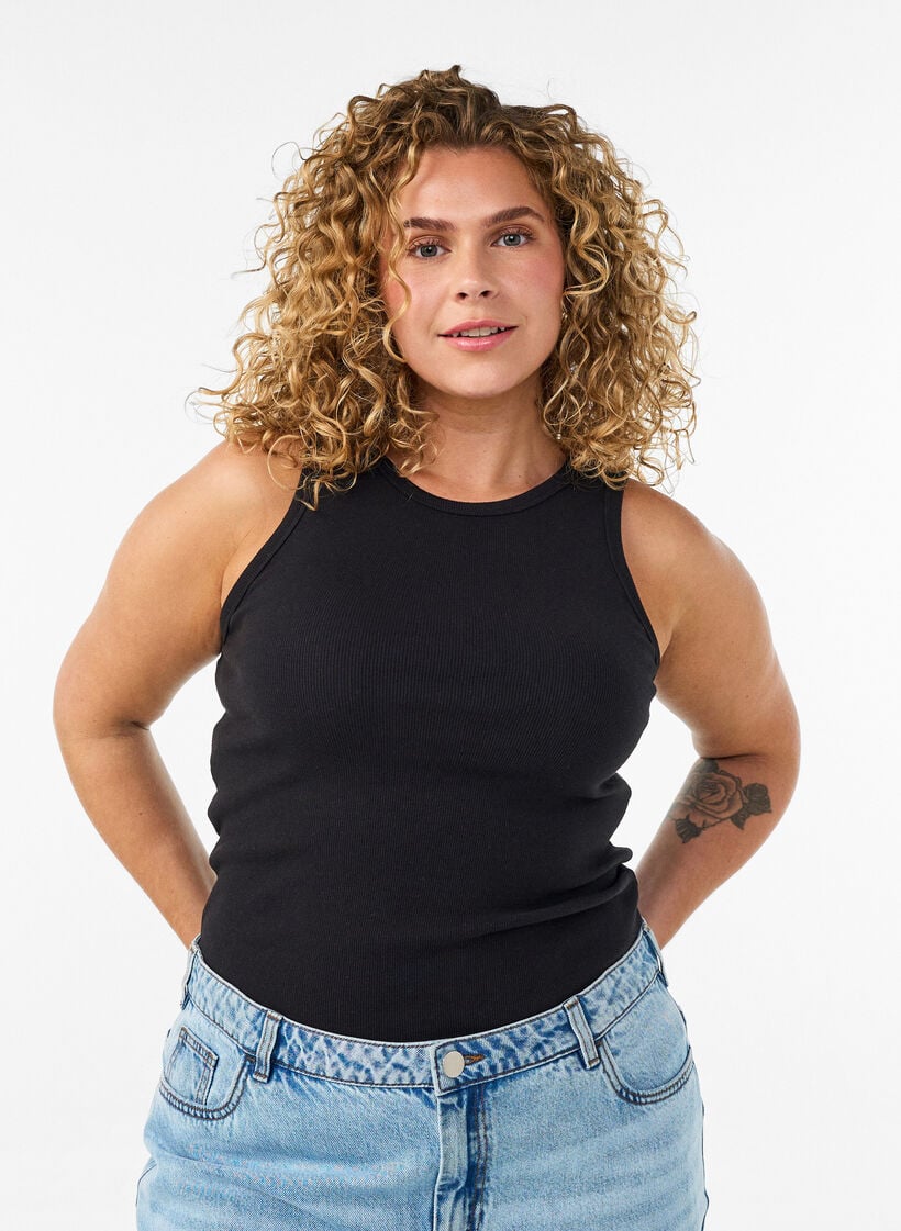 Cotton ribbed top with high neck, Black, Model image number 0