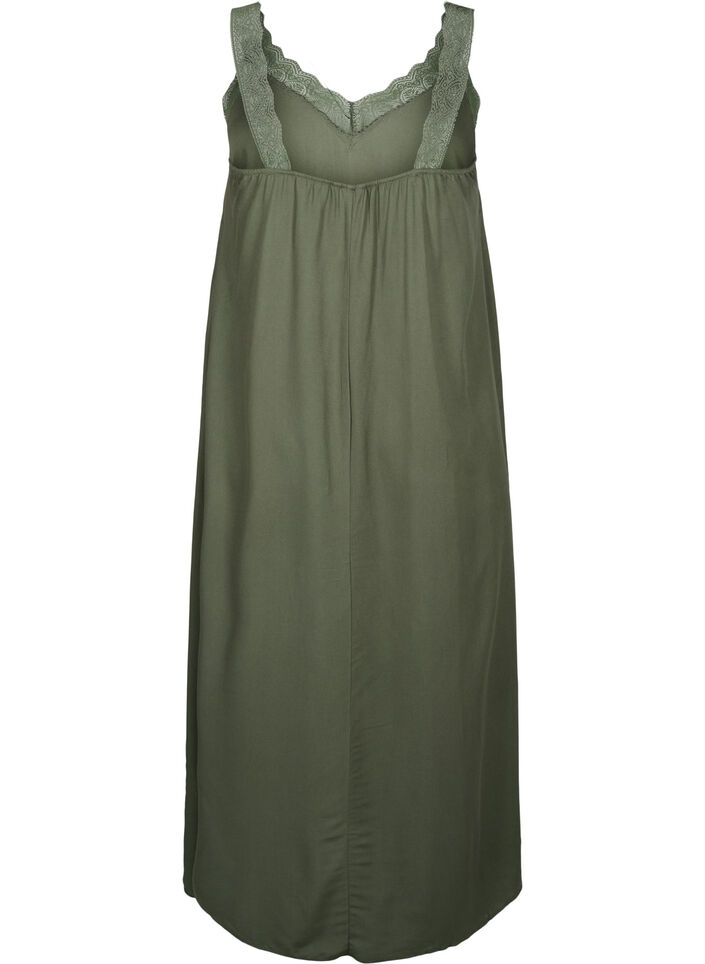 Midi-length strap dress in viscose with lace, Thyme, Packshot image number 1
