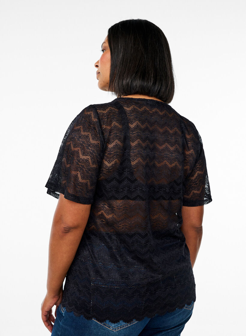 Lace blouse with short sleeves and scalloped hem, Black, Model image number 2