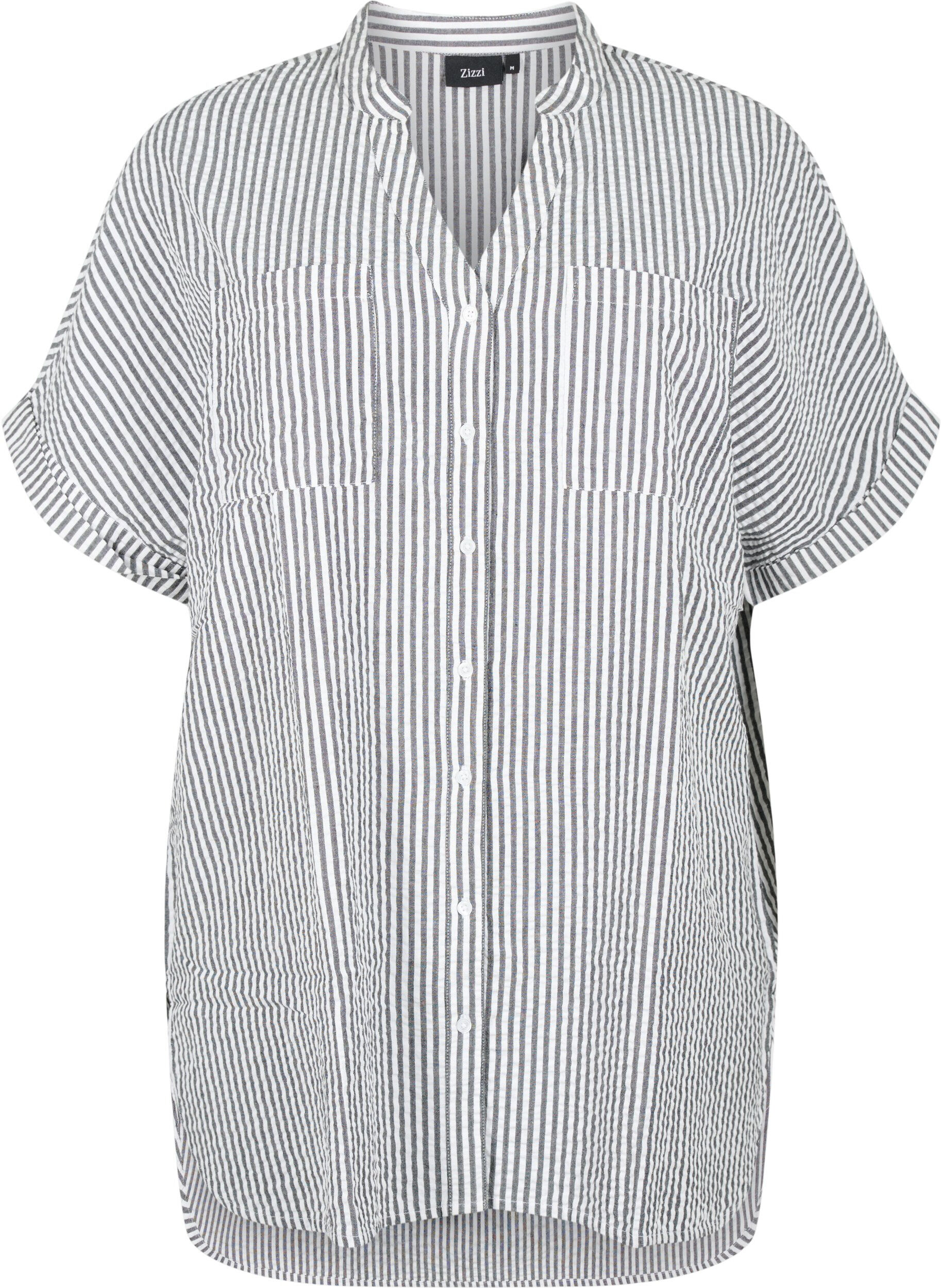 Zizzifashion Striped shirt with chest pockets, White/Black Stripe, Packshot image number 0