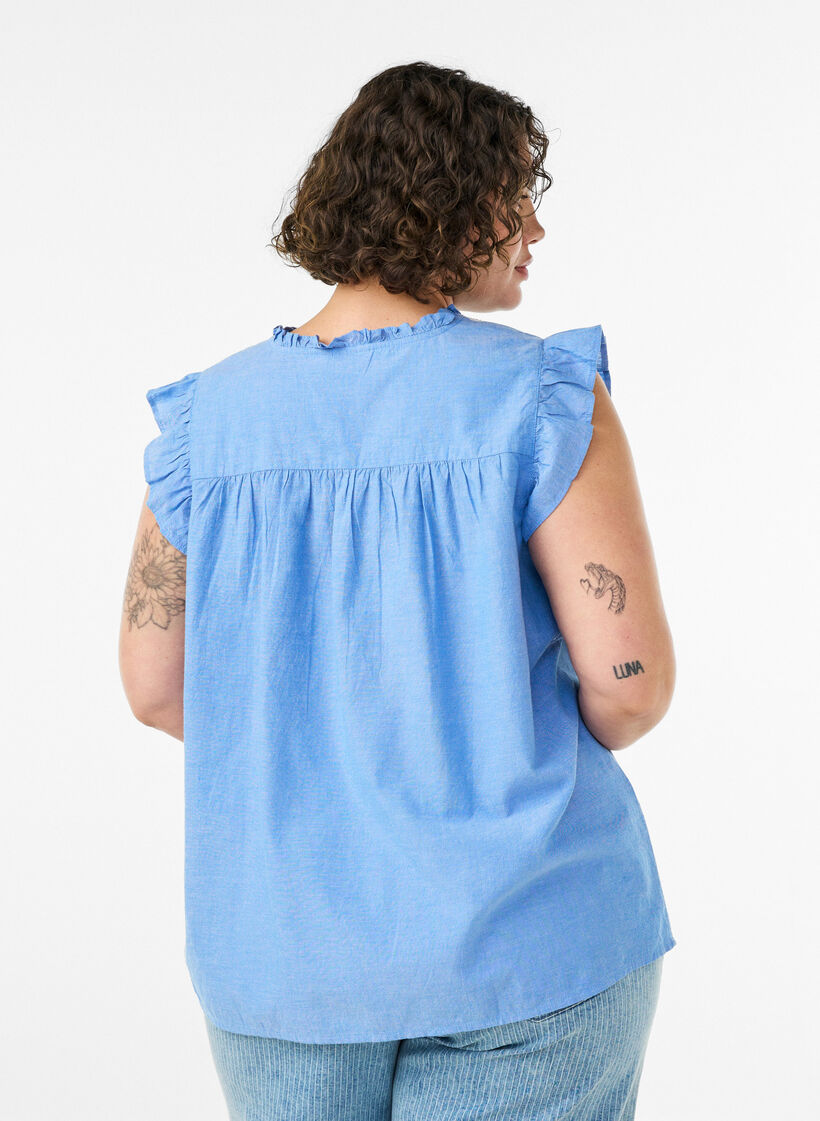 Sleeveless cotton blouse with ruffle edges, Light Blue, Model image number 2