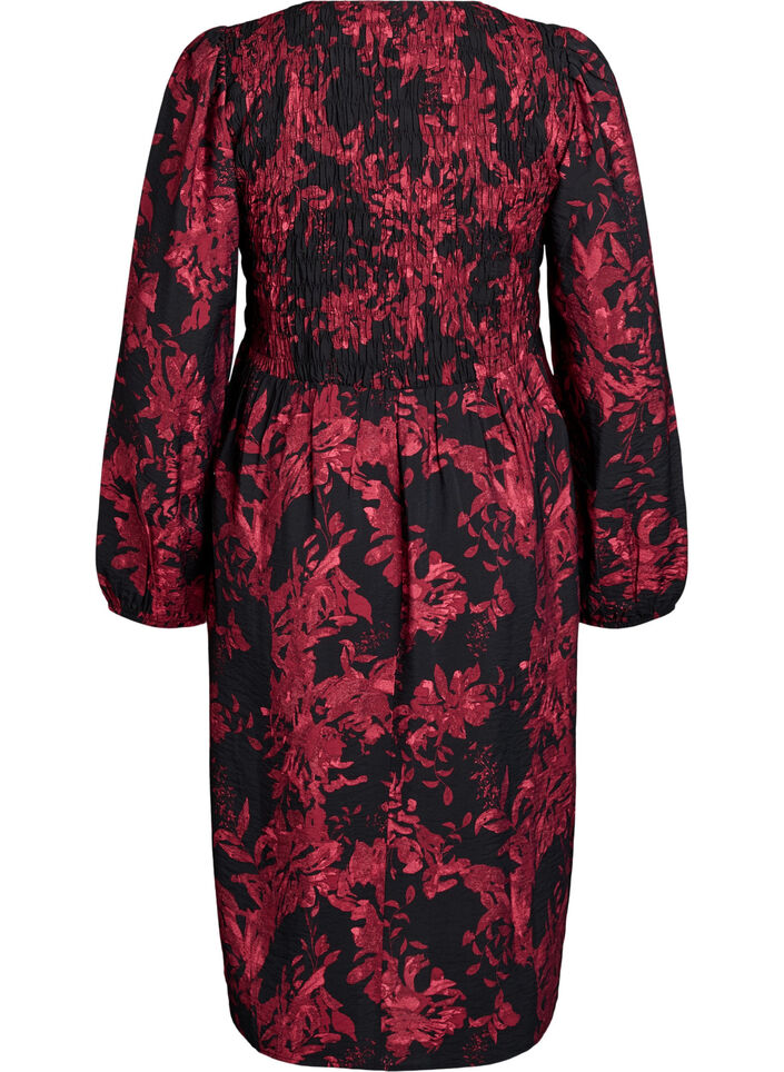 Floral dress with a smocked top, Black, Packshot image number 1