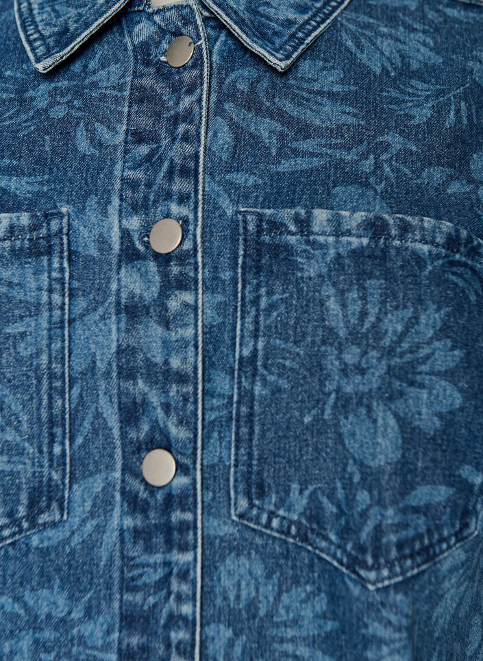 Denim dress with floral print and chest pockets, Blue, Packshot image number 2