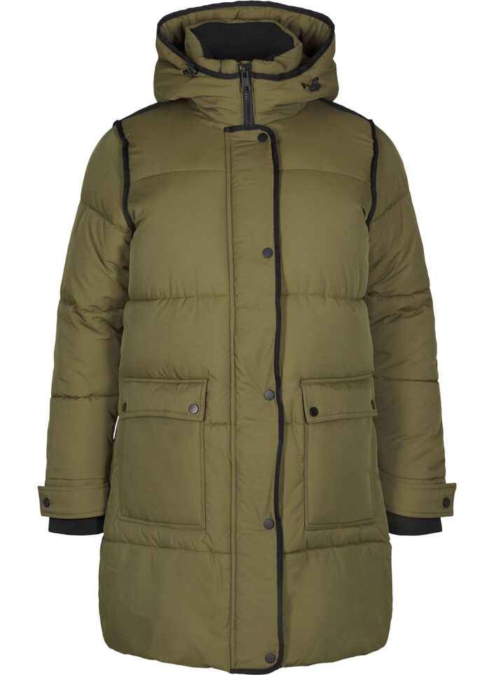 Puffer jacket with hood and contrast detailing, Green, Packshot image number 0
