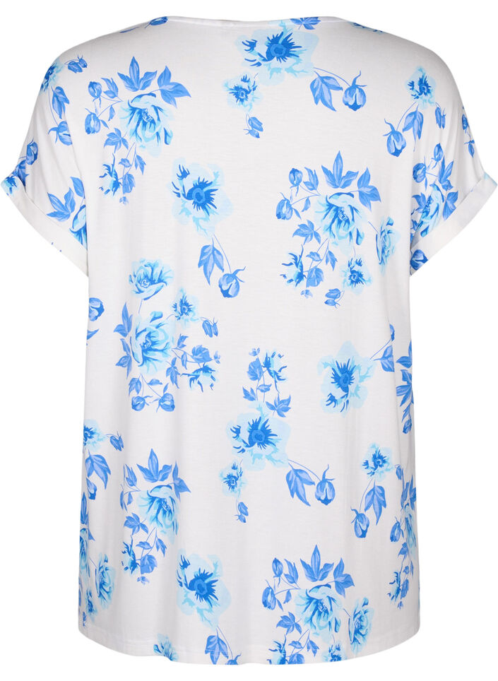 Floral viscose blouse with short sleeves, White Blue AOP, Packshot image number 1