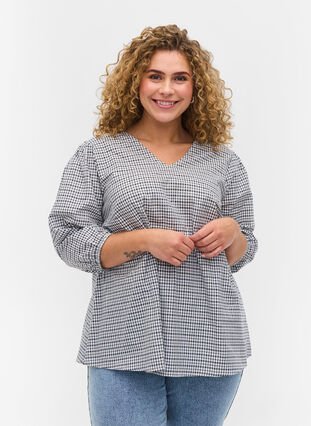 Checkered cotton blouse with 3/4-length sleeves, Black/White Check, Model image number 0