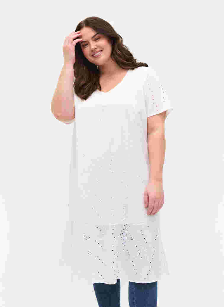 Short-sleeved cotton dress with broderie anglaise, Bright White, Model image number 0