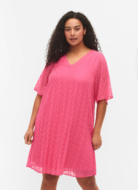 Short sleeved pleated dress, Shocking Pink, Model
