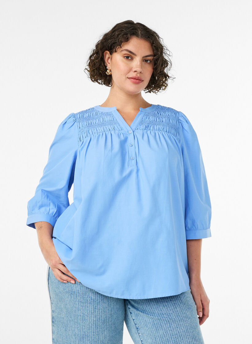 Blouse with smock and 3/4 sleeves, Blue, Model image number 0