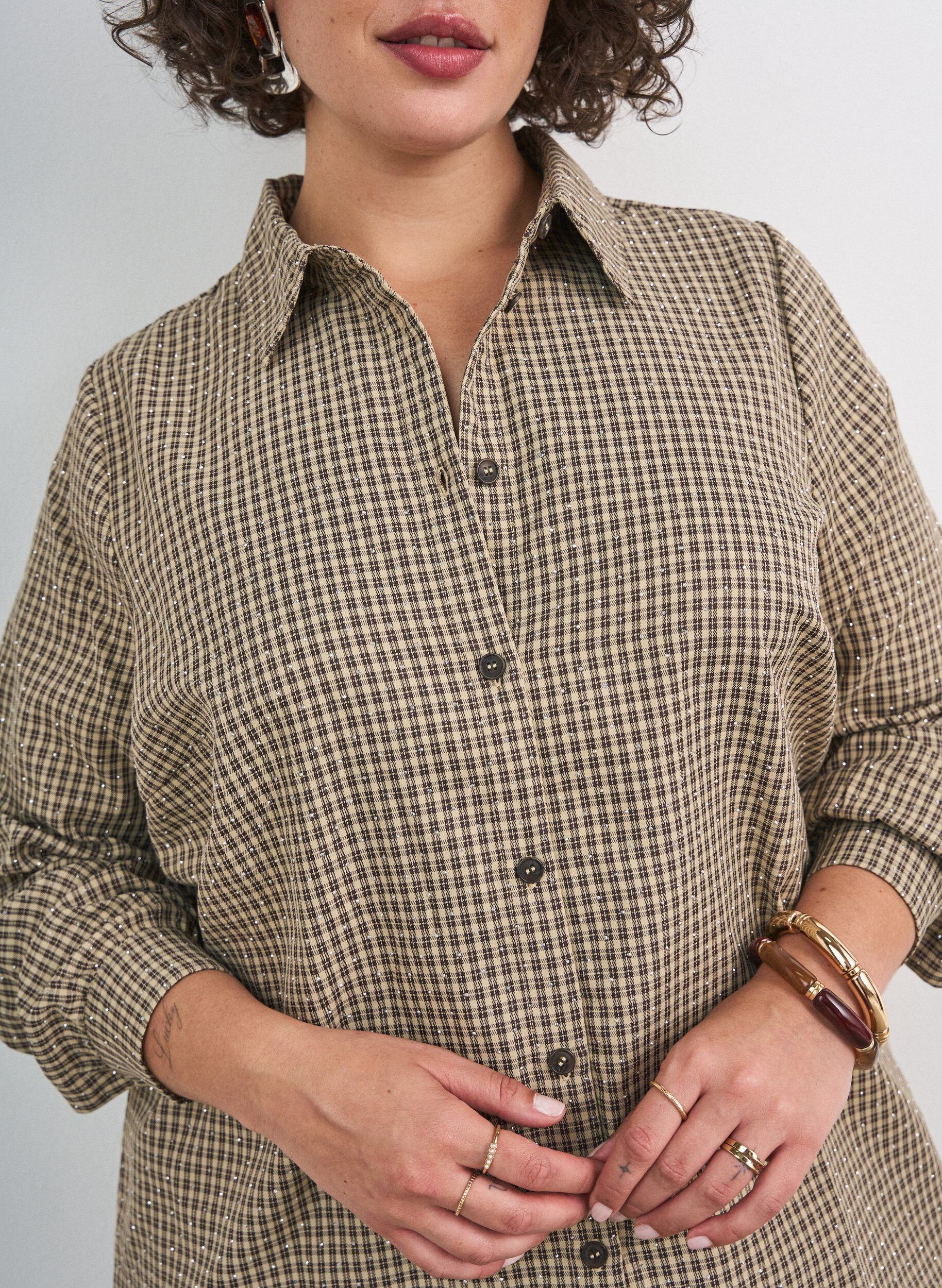 ZizzifashionShirt with small check pattern and rhinestones, Brown, Model image number 3