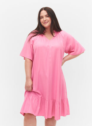 Short-sleeved viscose dress with v-neck, Aurora Pink, Model image number 0
