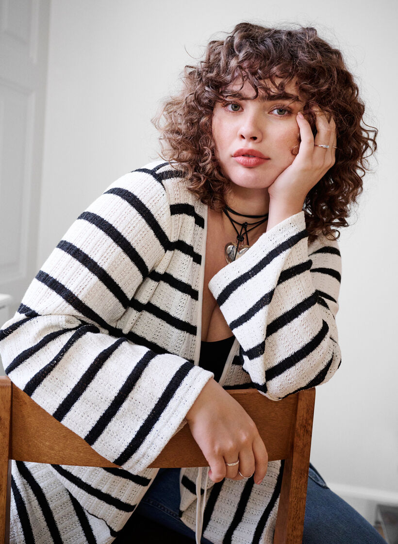 Striped cardigan with tie-string, Sand Black Stripe, Image image number 0