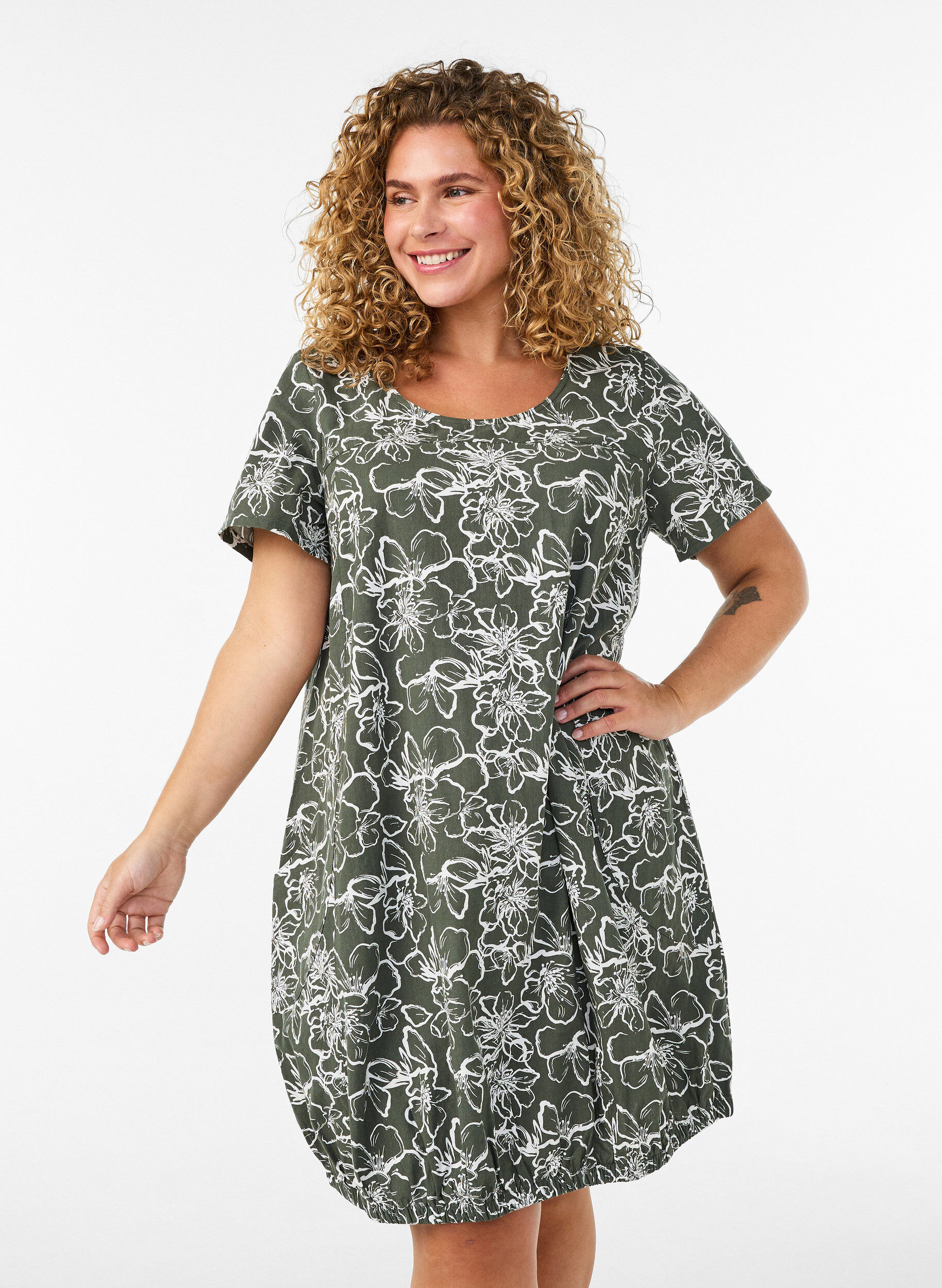 ZizzifashionShort-sleeved cotton dress with print, Green, Model image number 0