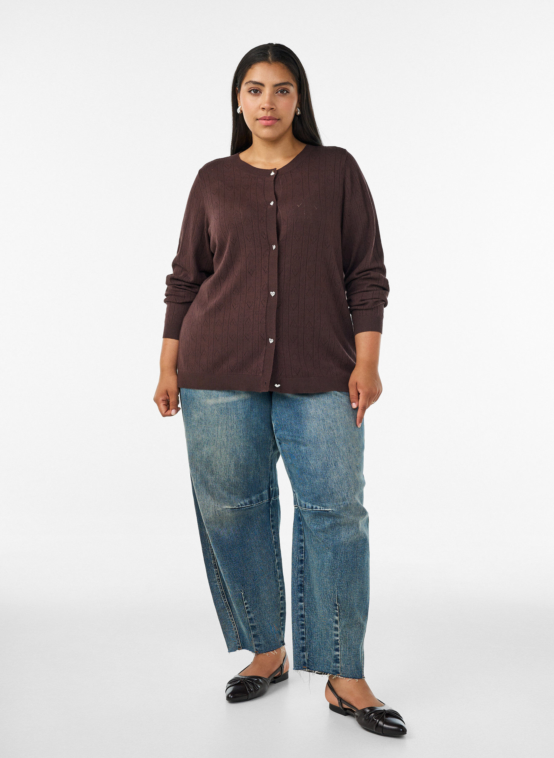 ZizzifashionKnitted cardigan with heart eyelet embroidery, Brown, Model image number 1
